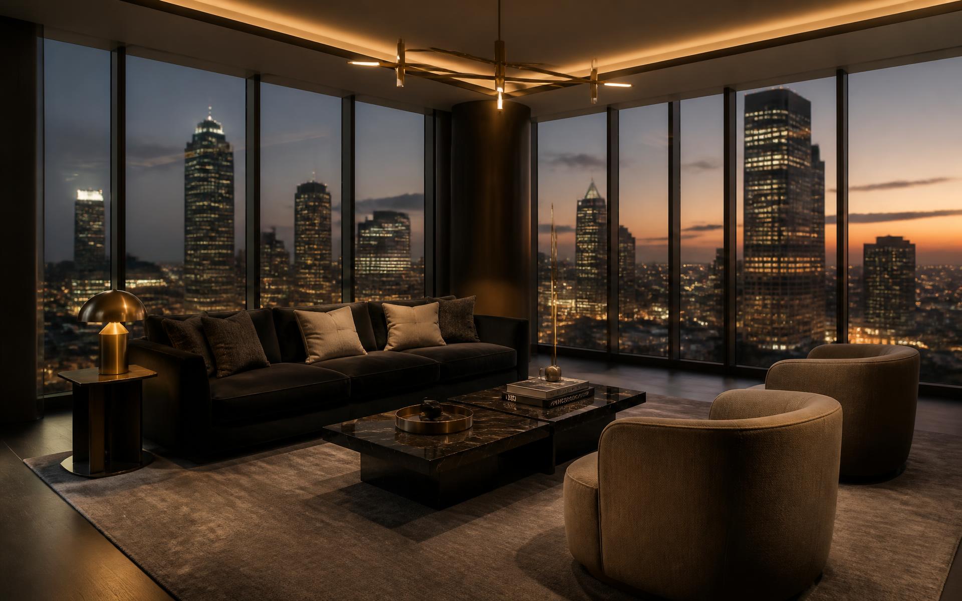 Modern Houston high-rise apartment interior at dusk